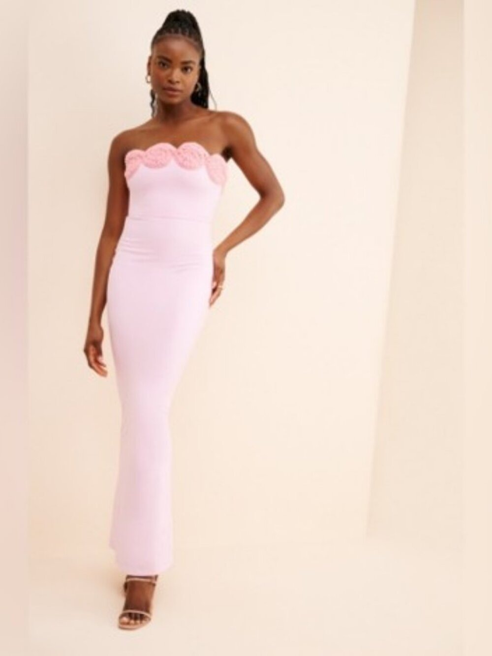 Elexiay Anthropologie Edo Maxi Dress Crochet Rosettes Pink Strapless M